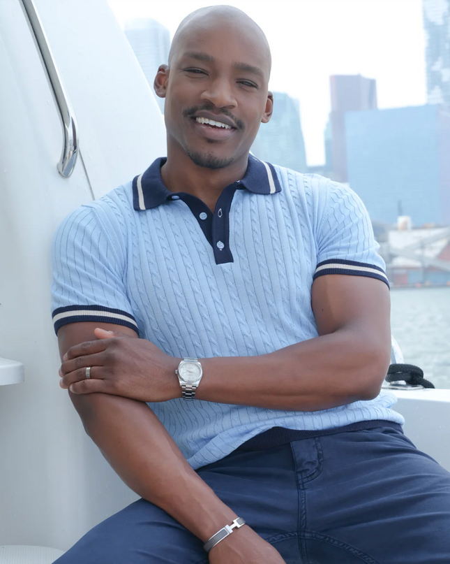 3 Button Cable Knit Polo in Light Blue