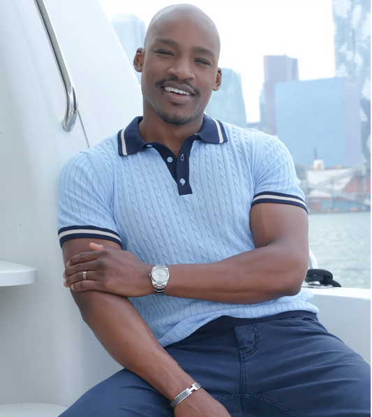 3 Button Cable Knit Polo in Light Blue