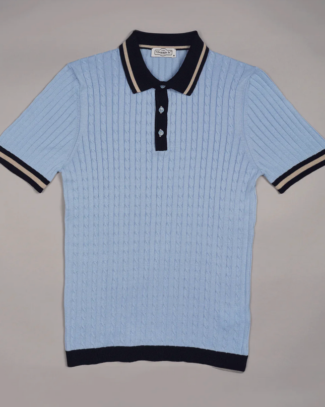 3 Button Cable Knit Polo in Light Blue