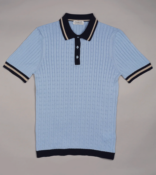 3 Button Cable Knit Polo in Light Blue