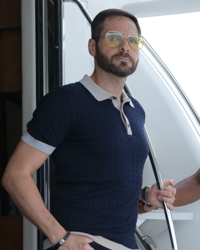 3 Button Cable Knit Polo in Navy
