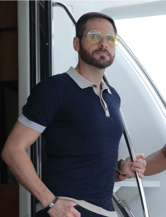 3 Button Cable Knit Polo in Navy