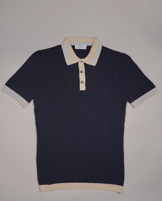 3 Button Cable Knit Polo in Navy