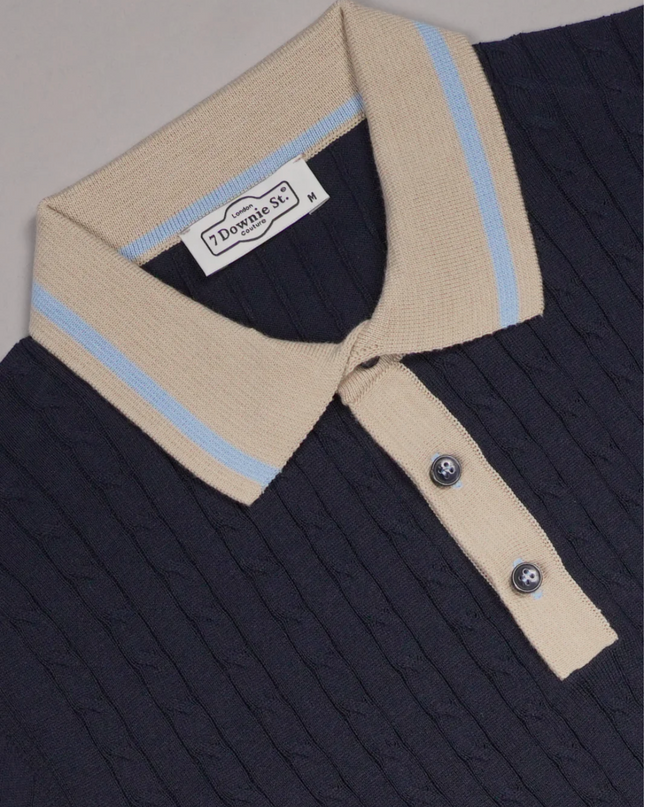 3 Button Cable Knit Polo in Navy