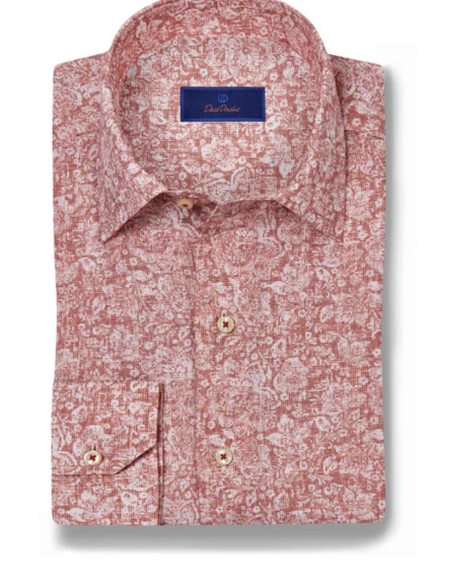 Red Linen Floral Print Sport Shirt