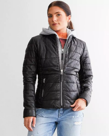 Robin Women's Leather Puffer Jacket w/ Removable Hood