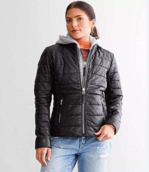 Robin Women's Leather Puffer Jacket w/ Removable Hood