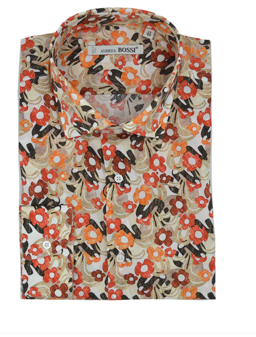 Orange & Red Boho Flower Print Italian Button Down