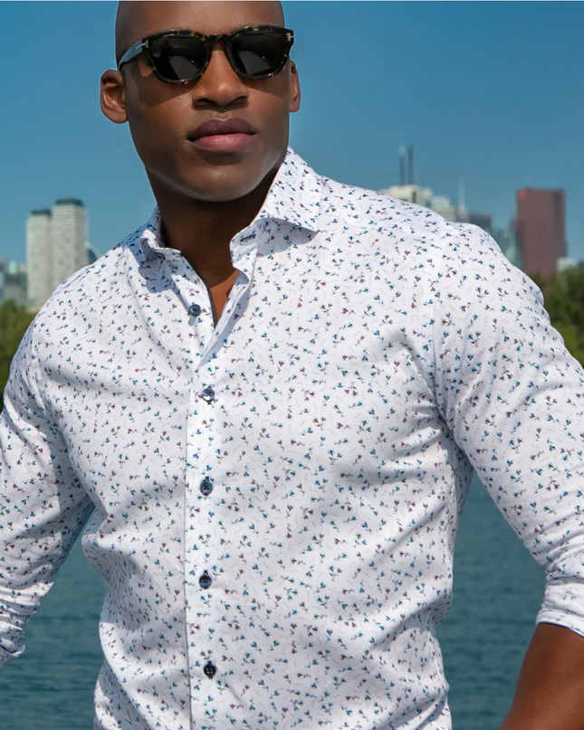 White w/ Small Flower Print LS Button Down