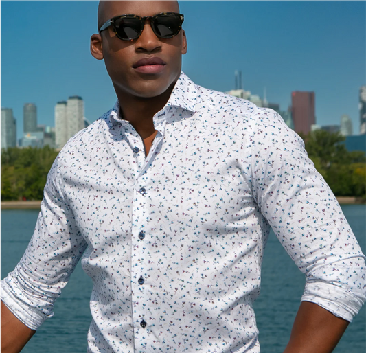 White w/ Small Flower Print LS Button Down
