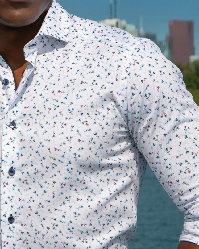 White w/ Small Flower Print LS Button Down