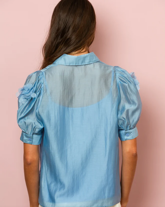 Emery Tencel Blouse with Flower Appliqué In Blue