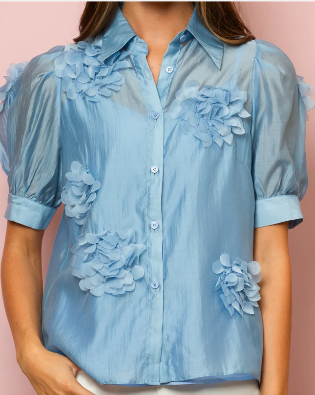 Emery Tencel Blouse with Flower Appliqué In Blue