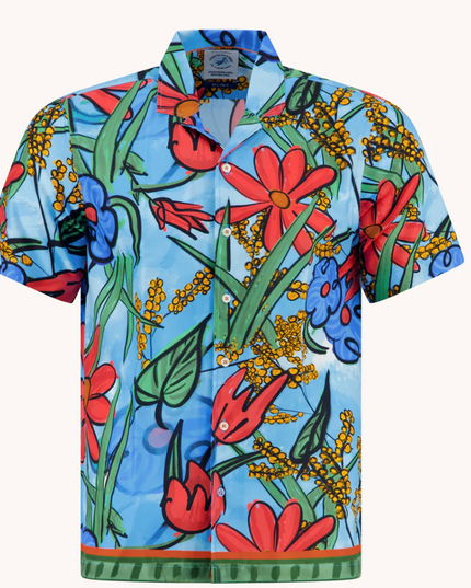 Short Sleeve Flower Canvas Camp Collar Button Down