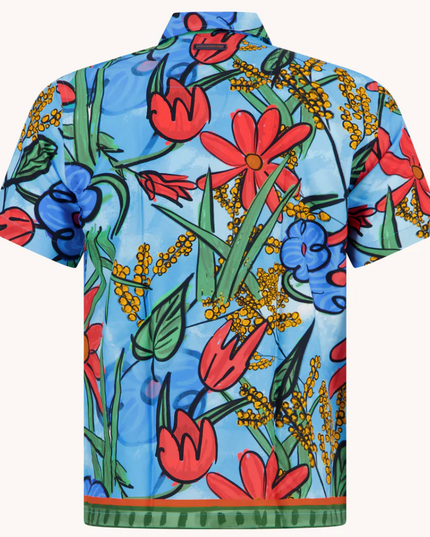 Short Sleeve Flower Canvas Camp Collar Button Down