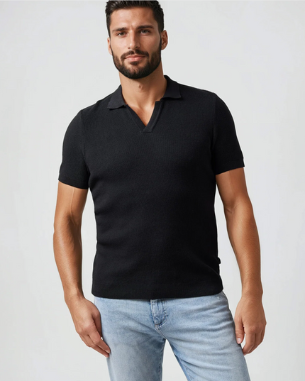 Black Jersey Knit Johnny Collar Polo