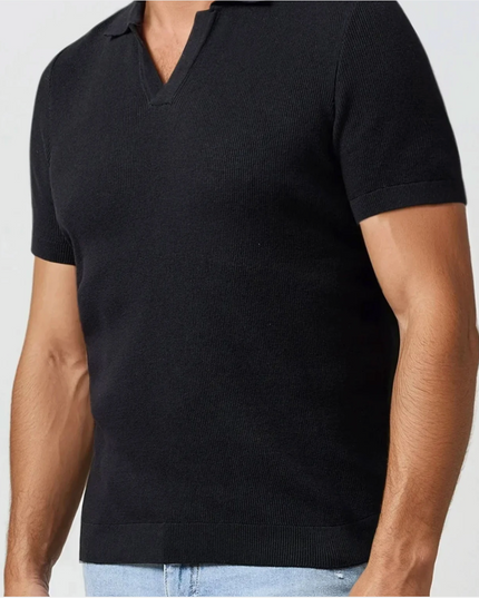 Black Jersey Knit Johnny Collar Polo