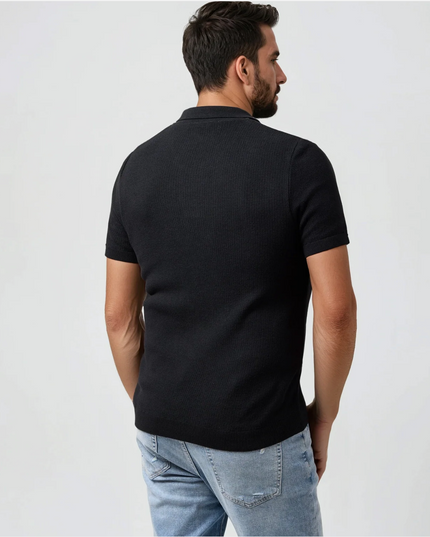 Black Jersey Knit Johnny Collar Polo