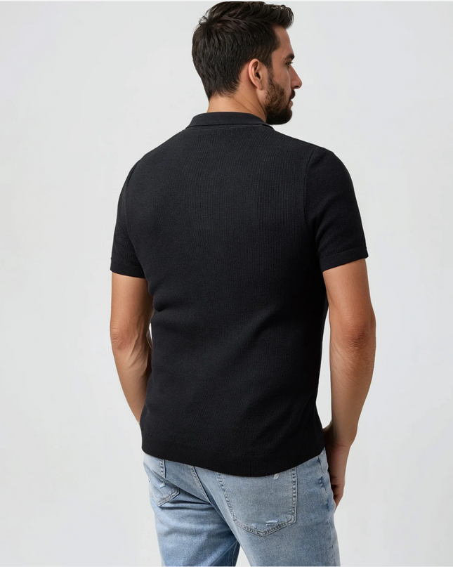 Black Jersey Knit Johnny Collar Polo