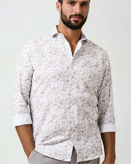 Beige Clubhouse Linen Floral Print LS Button Down
