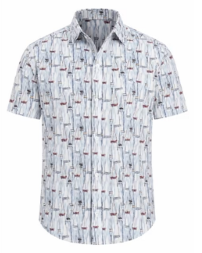 Short Sleeve Melange Sailboat Print Button Down