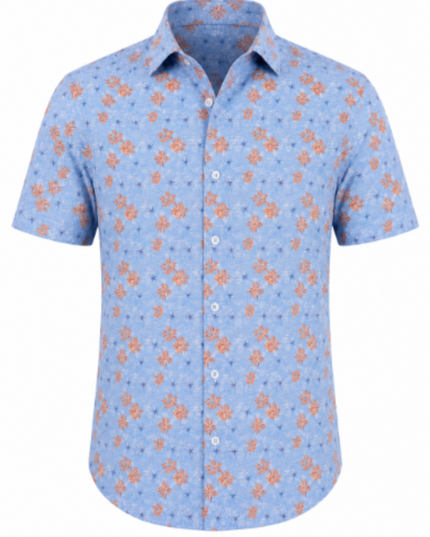Sky Blue and Tangerine Floral Print S/S Button Down