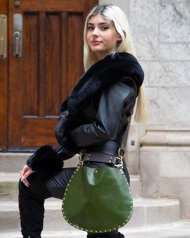 Rebellion Handbags, made in Chicago, IL. Medium crossbody, napa leather, antique brass hardware, available at Rustic Chic Boutique, Mackinac Island Michigan