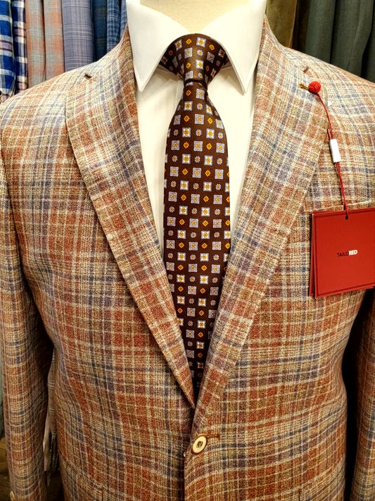 Lanfico di Pray, Italian wool, silk blend sports jacket, red plaid, cut to order, exclusive, Mackinac Island boutique