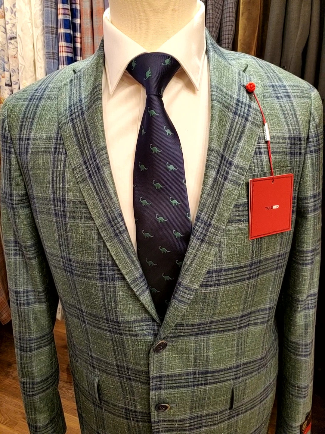 Delfino Italian wool, linen blend sports jacket, green plaid, cut to order, Mackinac Island boutique