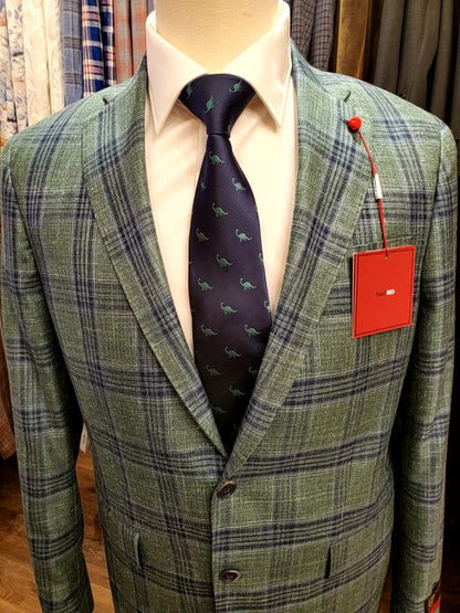 Delfino Italian wool, linen blend sports jacket, green plaid, cut to order, Mackinac Island boutique