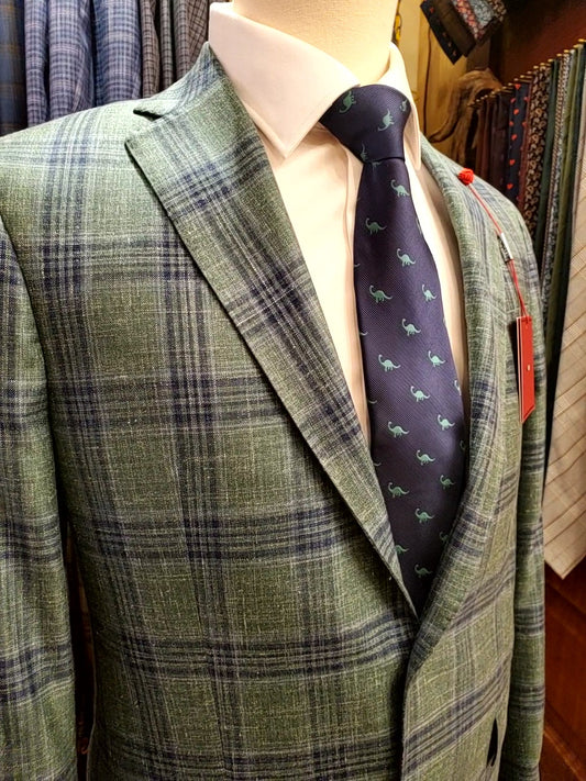 Delfino Italian wool, linen blend sports jacket, green plaid, cut to order, Mackinac Island boutique
