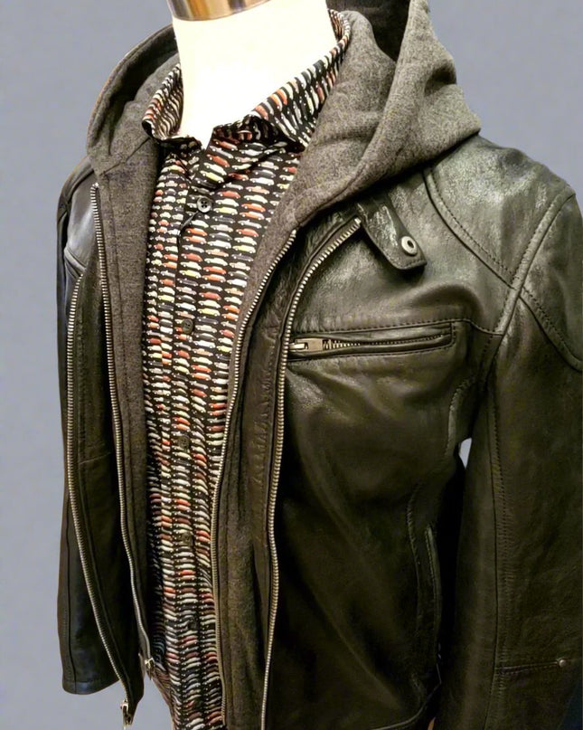 Leather Biker Jacket w/ Removable Hoodie