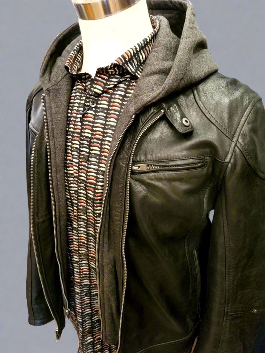 Leather Biker Jacket w/ Removable Hoodie