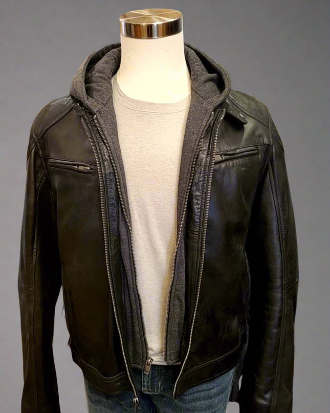 Leather Biker Jacket w/ Removable Hoodie