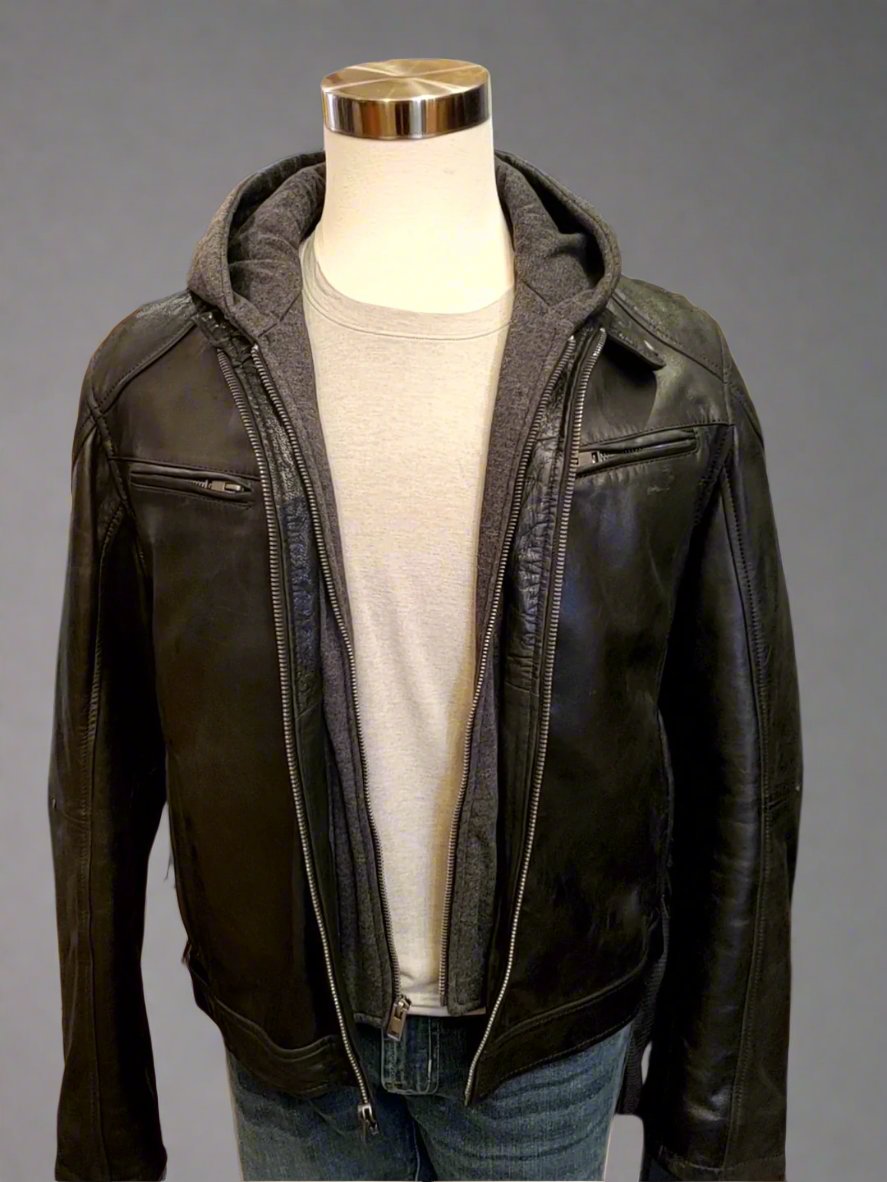 Leather Biker Jacket w/ Removable Hoodie