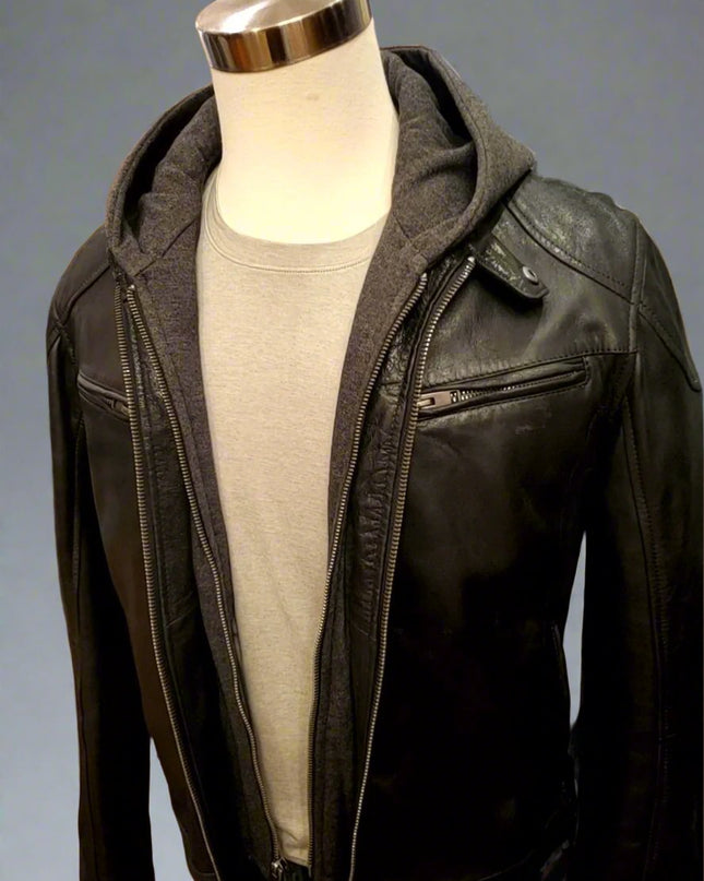 Leather Biker Jacket w/ Removable Hoodie