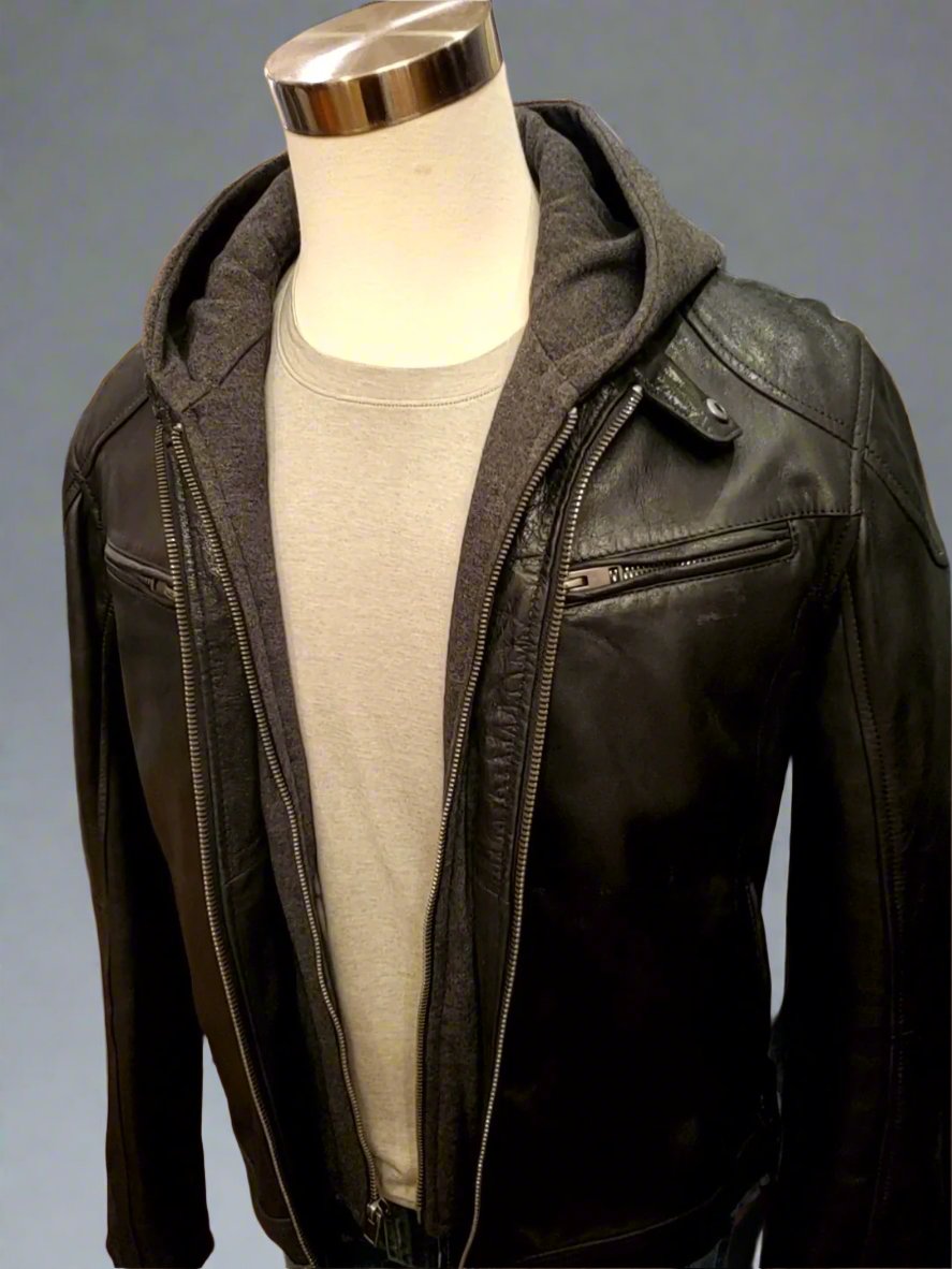 Leather Biker Jacket w/ Removable Hoodie