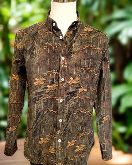 Green w/ Golden Birds Corduroy LS Button Down