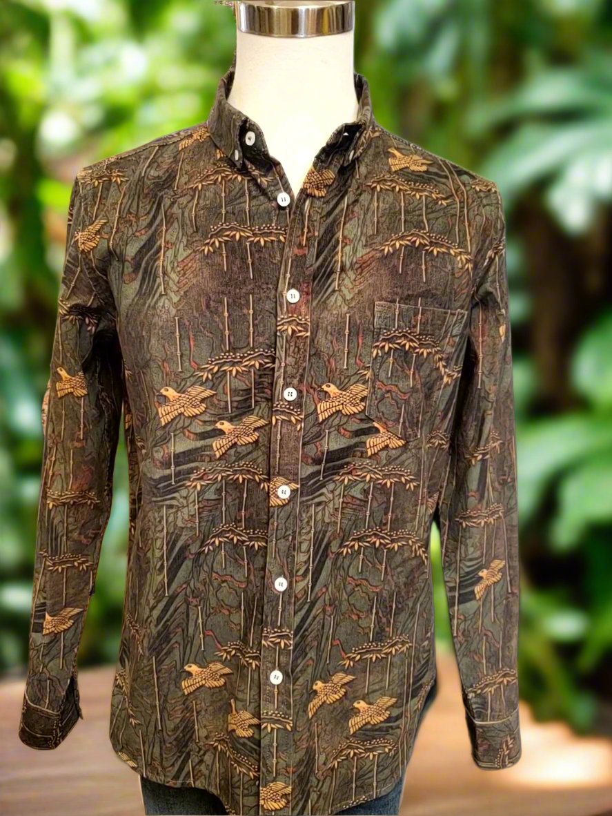 Green w/ Golden Birds Corduroy LS Button Down