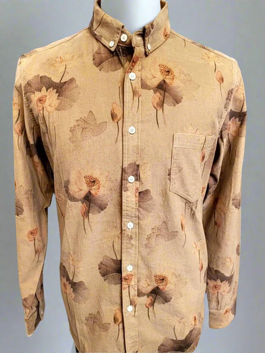 Tan w/ Large Flowers Corduroy LS Button Down