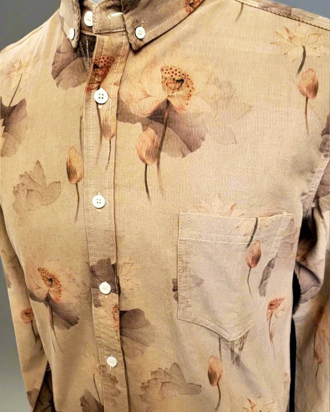 Tan w/ Large Flowers Corduroy LS Button Down