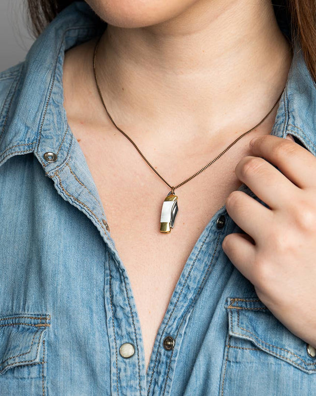 Tiny Pearl Handle Knife on Brass Chain Necklace: 20 Inch
