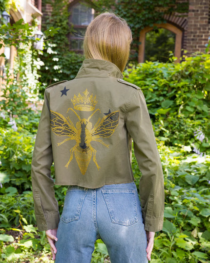 Gold Queen Bee Army Green Crop Shacket
