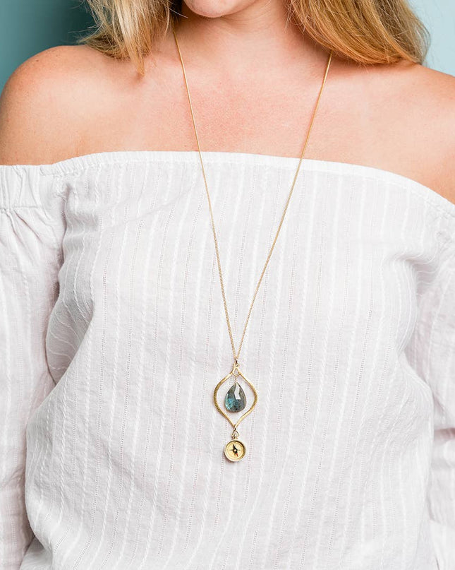 Labradorite and Compass Necklace: 28 Inch