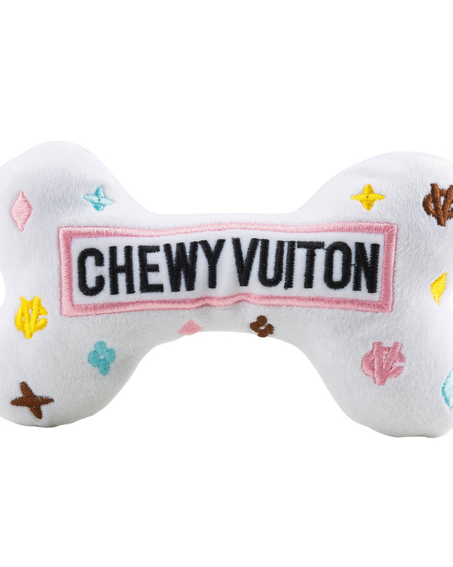 White Chewy Vuiton Bones Squeaker Dog Toy: Large