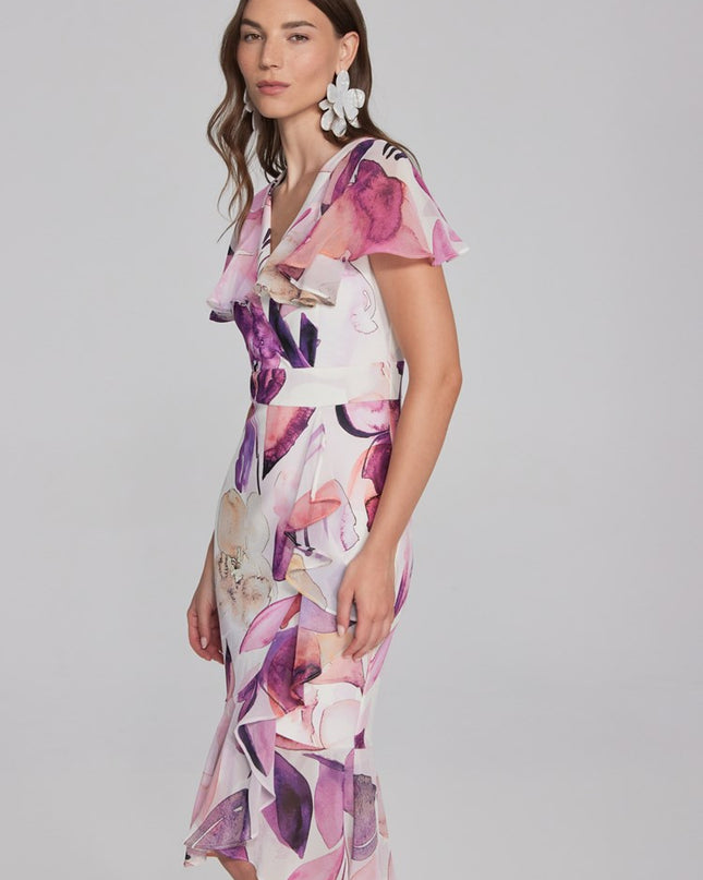 Enchant in this floral scuba crepe trumpet dress. Chiffon poncho sleeves, ruffles add whimsy and feminine grace. Wrap neckline, back zipper for flattering fit. Mackinac Island clothing store