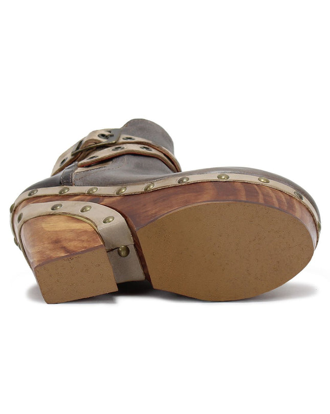 Bed Stü women's shoes, made in Mexico. Tonic Breeze,Dramatic heel, tough straps, metal studs - perfect for concerts. Cushioned insole for comfort. Available at Rustic Chic Boutique Mackinac Island, Michigan.