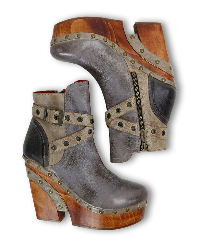 Bed Stü women's shoes, made in Mexico. Tonic Breeze,Dramatic heel, tough straps, metal studs - perfect for concerts. Cushioned insole for comfort. Available at Rustic Chic Boutique Mackinac Island, Michigan.