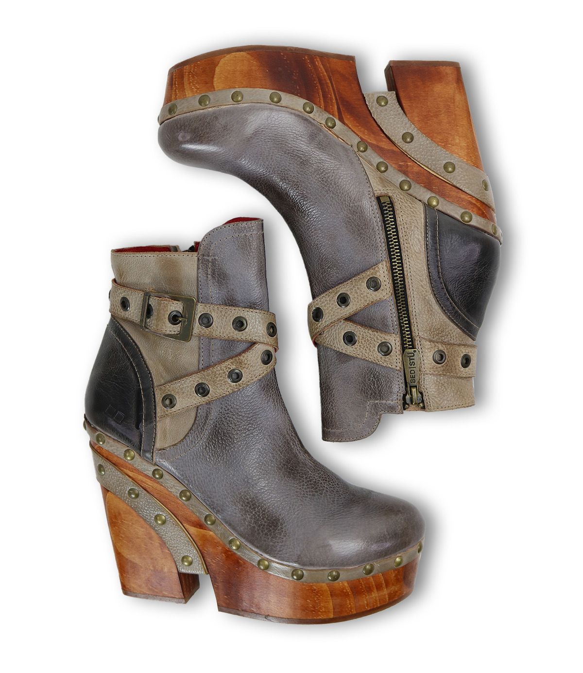 Bed Stü women's shoes, made in Mexico. Tonic Breeze,Dramatic heel, tough straps, metal studs - perfect for concerts. Cushioned insole for comfort. Available at Rustic Chic Boutique Mackinac Island, Michigan.