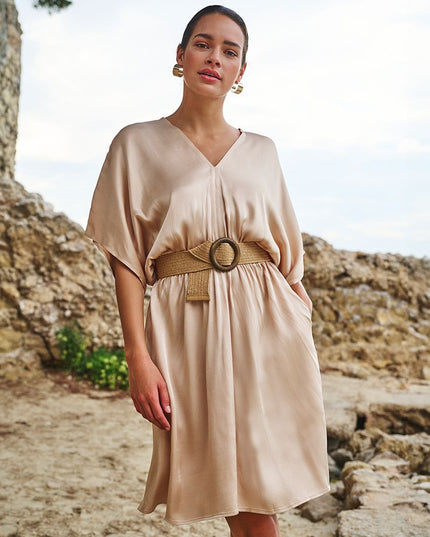 DRESS V-NECK VISCOSE SATEEN
